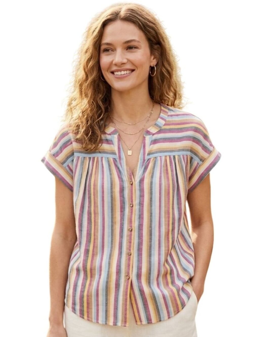 Lou & Gray For Loft Sustainable Cotton Linen Striped Button Down Top Size XS